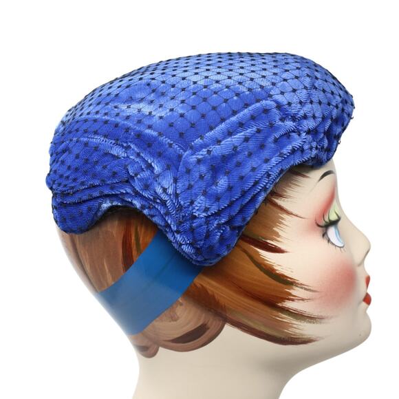 Vintage Blue Velvet Juliette Cap Cocktail Hat in Blue Velvet w Netting - Hey Viv - Picture 2 of 7